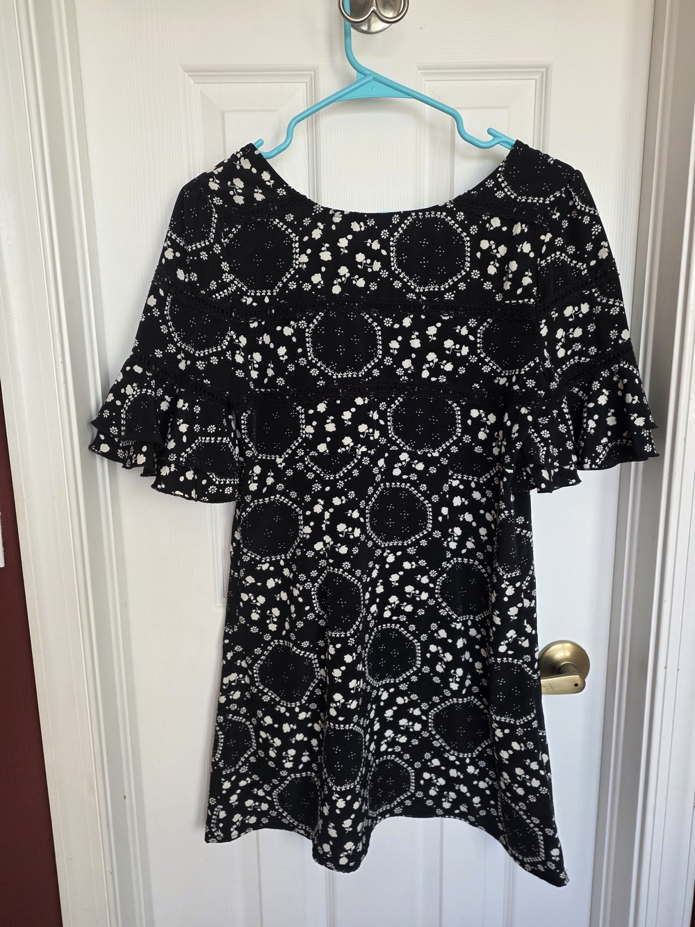 Free People Black and White Printed Flutter Sleeve Dress